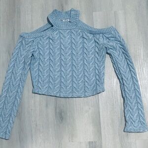 ZARA Light Blue Knitted Long Sleeve Off Shoulder Cropped Sweater Size S